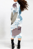 Orange Red Geometric Gradient Print Mock Neck Long Sleeve Casual Outin Vacation Bodycon Pencil Maxi Dress