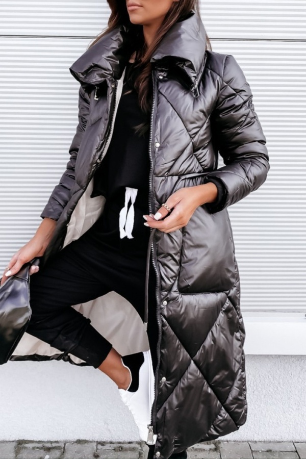 Blue Fall Winter Casual Zipper Stand Lapel Collar Long Padded Coats Outerwear