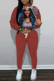 Brown Christmas Casual Girl Print Hooded Long Sleeve Sweatshirt and Drawstring Sweatpants Two Pieces Sweatsuit Sets