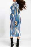 Orange Red Geometric Gradient Print Mock Neck Long Sleeve Casual Outin Vacation Bodycon Pencil Maxi Dress