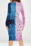 Blue Pink Graphic Print V Neck Long Sleeve Knee Length Casual Outing Wrap Midi Dress