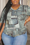 Blue Plus Size Casual Faux Denim Print V Neck Short Sleeve T-Shirts Tees