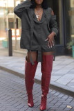 Grey Loose Pocket Ribbon V Neck Cold Shoulder Long Sleeve Fall Winter Knitted Sweater Cardigan Outerwear Jackets