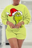 Green Christmas Grinch Print Round Neck Long Sleeve Sweatshirt and Shorts Two Pieces Matching Sets