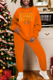 Dark Blue Casual Letter Print Round Neck Long Sleeve Sweatshirts and Sweatpants Fall Winter Two Pieces Sweatsuits Sets