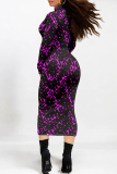 Orange Red Geometric Gradient Print Mock Neck Long Sleeve Casual Outin Vacation Bodycon Pencil Maxi Dress