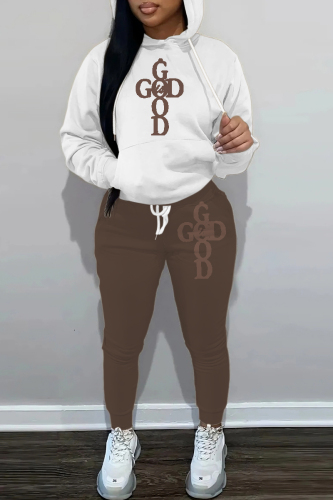 Brown Sportwear Casual Letter Print Hooded Long Sleeve Sweatshirt and Drawstring Sweatpants Two Pieces Sweatsuit Sets