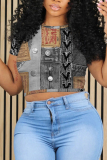 Blue Plus Size Skinny Casual Faux Denim Print Round Neck Short Sleeve T-Shirts Tees
