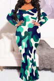 Camouflage Print O Neck Long Sleeve Floor Length Casual Outings Bodycon Fishtail Maxi Dress