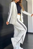 White Office Lady Stripe Turn-back Collar Long Sleeve Blazer and Slit Wide Leg Pants Two Pieces Suit Sets