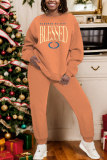 Dark Blue Casual Letter Print Round Neck Long Sleeve Sweatshirts and Sweatpants Fall Winter Two Pieces Sweatsuits Sets