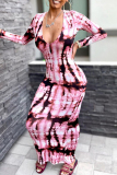 Grey Tie Dye Deep V Neck Long Sleeve Ankle Length Night Out Vacation Bodycon Maxi Dress Holiday Party Outfits