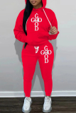 Brown Sportwear Casual Letter Print Hooded Long Sleeve Sweatshirt and Drawstring Sweatpants Two Pieces Sweatsuit Sets