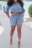 Light Blue Loose Casual Rhinestone Patchwork Elastic High Waist Denim Shorts