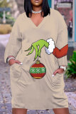 Yellow Green Cartoon Print V Neck Long Sleeve Casual Outing Christmas Straight Loose T Shirt Midi Dress