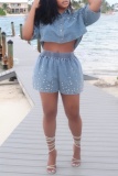 Light Blue Loose Casual Rhinestone Button up Polo Turndown Collar Half Sleeve Short Denim Tops Shirts