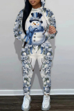 White Blue Christmas Casual Print Hooded Long Sleeve Sweatshirt and Sweatpants Two Pieces Sweatsuits Sets