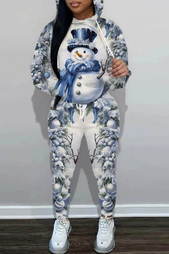 White Blue Christmas Casual Print Hooded Long Sleeve Sweatshirt and Sweatpants Two Pieces Sweatsuits Sets