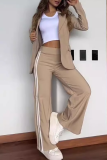 White Office Lady Stripe Turn-back Collar Long Sleeve Blazer and Slit Wide Leg Pants Two Pieces Suit Sets