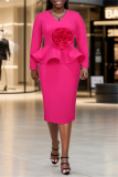 Rose Red Deep V Neck Long Sleeve Large Floral Applique Waist Cocktail Party Wedding Bodycon Peplum Midi Dress