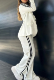White Office Lady Stripe Turn-back Collar Long Sleeve Blazer and Slit Wide Leg Pants Two Pieces Suit Sets