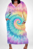 Purple Orange Tie Dye V Neck Long Sleeve Casual Outing Plus Size Straight Loose Maxi Dress