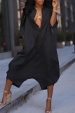 Black Loose Casual Buttons Turndown Collar Half Sleeve Low-end Wide Leg Jumpsuits