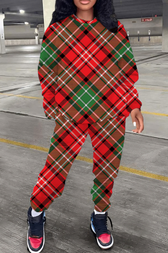 Red Christmas Casual Plaid Round Neck Long Sleeve Sweatshirt and Sweatpant Fall Winter Two Pieces Sweatsuits Sets