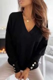 Red Loose Casual V Neck Button Up Long Sleeve Fall Winter Tops Blouses
