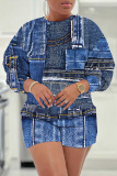 Green Casual Faux Denim Print Round Neck Long Sleeve Sweatshirt and Shorts Two Pieces Matching Sets