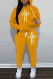 Brown Sportwear Casual Letter Print Hooded Long Sleeve Sweatshirt and Drawstring Sweatpants Two Pieces Sweatsuit Sets