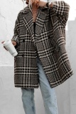 Black Woolen Houndstooth Casual Cardigan Turndown Collar Long Sleeve Fall Winter Outerwear Blazer Coats