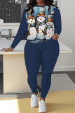 White Blue Christmas Casual Snowman Round Neck Long Sleeve Sweatshirt and Sweatpant Fall Winter Two Pieces Sweatsuits Sets