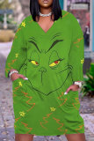 Yellow Green Cartoon Print V Neck Long Sleeve Casual Outing Christmas Straight Loose T Shirt Midi Dress