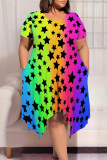 Light Blue Tie Dye Striped Pritn O Neck Short Sleeve Pocket Irregular Hem Casual Outing Plus Size Straight Loose Midi Dress