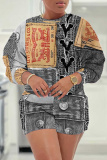 Green Casual Faux Denim Print Round Neck Long Sleeve Sweatshirt and Shorts Two Pieces Matching Sets