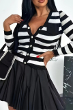 Black White Casual Stripe Weave Contrast Button up V Neck Long Sleeve Knitted Outerwear Cardigan Coats Tops