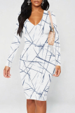 Blue Pink Graphic Print V Neck Long Sleeve Knee Length Casual Outing Wrap Midi Dress
