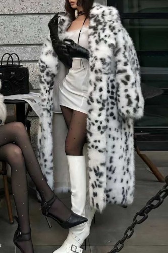 White Brown Faux Fox Fur Casual Leopard Cardigan Lapel Turndown Collar Fall Winter Long Outerwear Coats