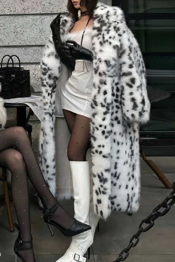 White Brown Faux Fox Fur Casual Leopard Cardigan Lapel Turndown Collar Fall Winter Long Outerwear Coats
