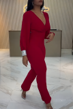 Red Backless Deep V Neck Long Lantern Sleeve Tapered Leg Jumpsuits