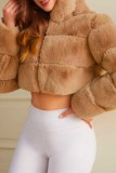 Camel Casual Faux Fur Cardigan Hooded Long Sleeve Fall Winter Short Outerwear Coats