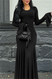 Khaki O Neck Flare Sleeve Floor Length Pleated Hem Formal Holiday Party Bodycon Ribbed Maxi Dress