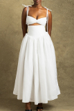 White Sleeveless Backless Tie Shoulder Spaghetti Strap Hollow Out Casual Outing Vacation Pleated Flowy Maxi Slip Dress