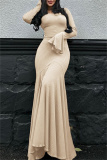 Khaki O Neck Flare Sleeve Floor Length Pleated Hem Formal Holiday Party Bodycon Ribbed Maxi Dress