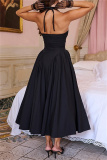 Black Sleeveless Backless Lace Up Pleated Hem Casual Outing Vacation Birthday Party Halter Maxi Dress