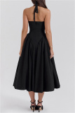 Black Sleeveless Backless Lace Up Pleated Hem Casual Outing Vacation Birthday Party Halter Maxi Dress