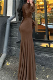 Khaki O Neck Flare Sleeve Floor Length Pleated Hem Formal Holiday Party Bodycon Ribbed Maxi Dress