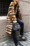 Faux Fur Casual Tiger Stripes Cardigan Turndown Collar Long Sleeve Fall Winter Long Cardigan Coats Outerwear
