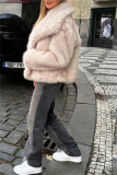 Apricot Faux Fur Casual Solid Color Cardigan Turndown Collar Winter Coats